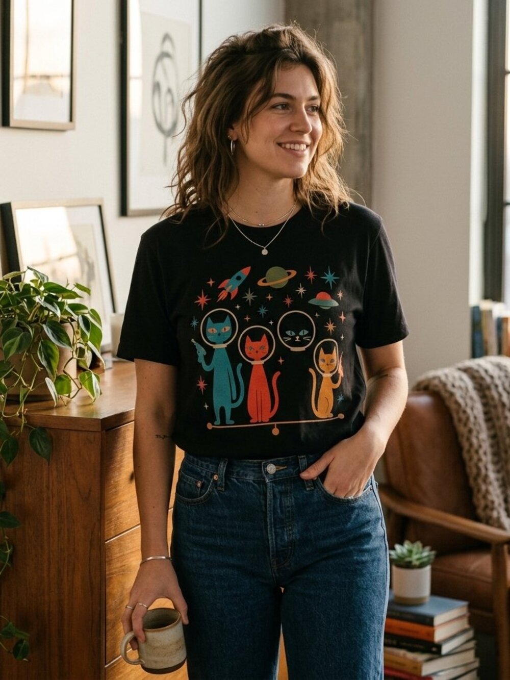 Cosmic Cat Crew Tee • Space Cat Graphic Shirt • Unisex Funny Cartoon Tee
